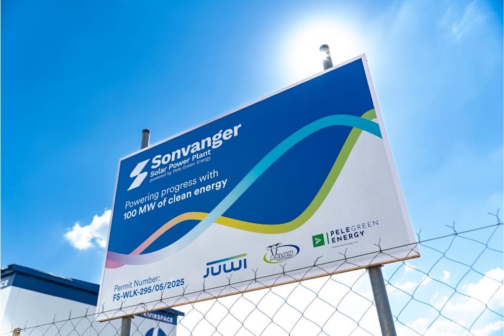 A sign at the Sonvanger solar power plant, in the Free State, South Africa