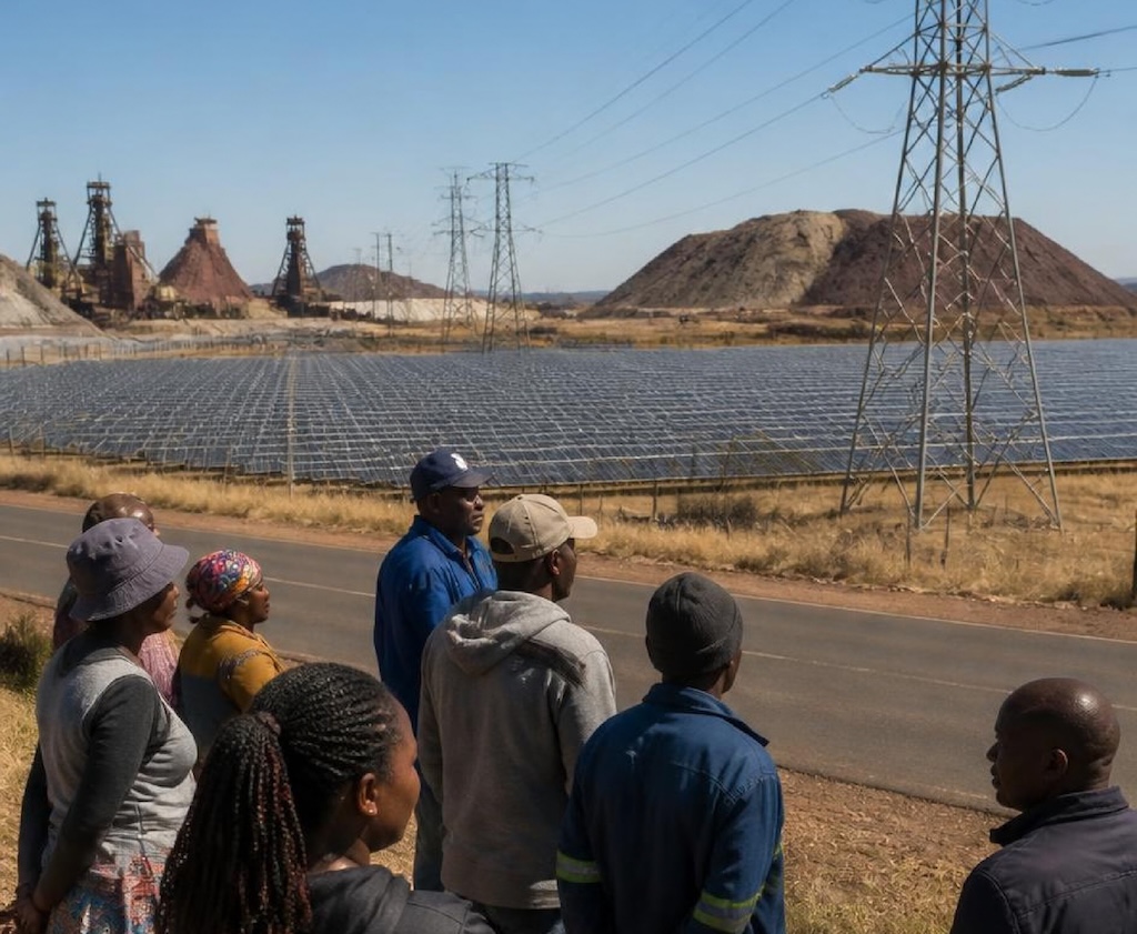 A group of people look on at a solar farm, with a coal mine in the background